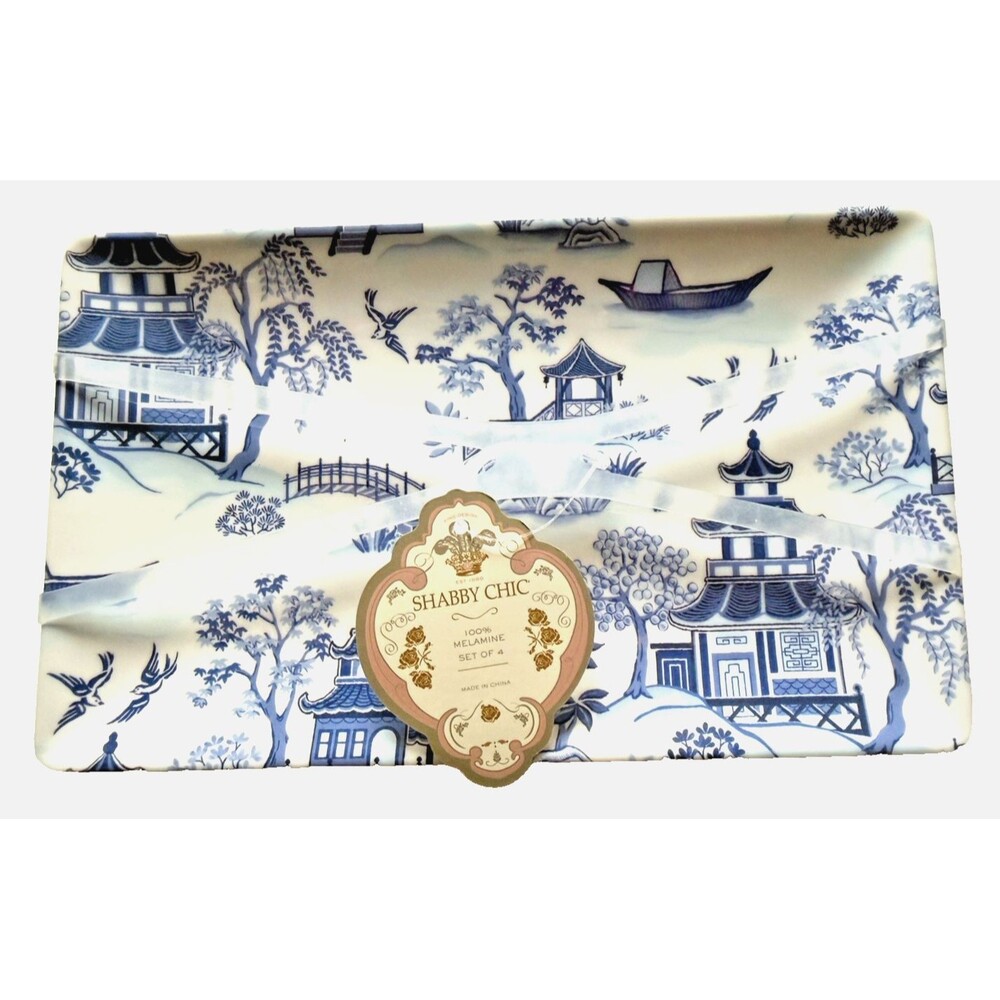 Shabby Chic Chinoiserie Blue Willow Appetizer Plates Melamine 8 x 5" Set of 4